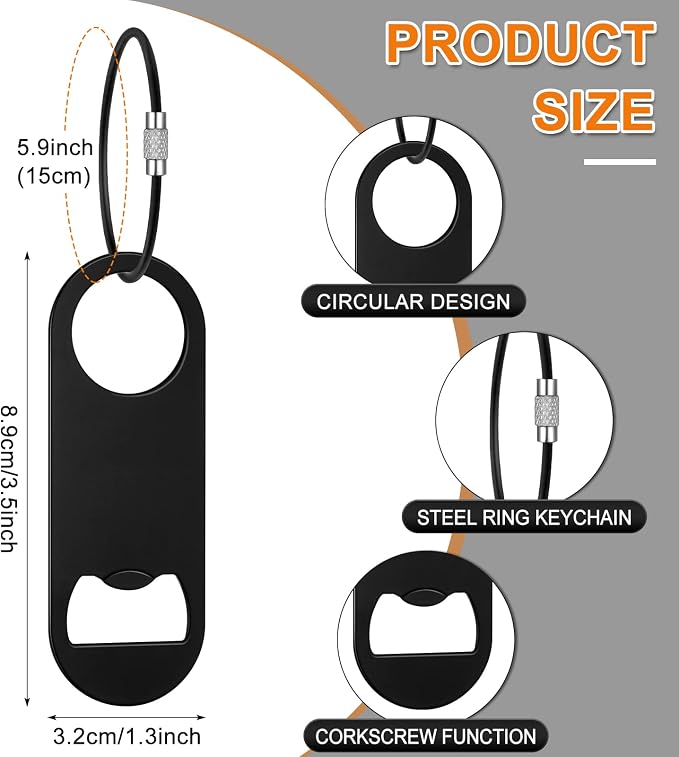 60 Pieces Stainless Steel Flat Bottle Opener Keychain Bulk 3.5 x 1.3 Inches Beer Bottle Opener Flat Cap with Keyring for Men Women Bartender Kitchen Bar Restaurant, Black