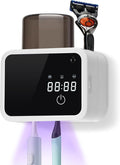 Wall Mounted Toothbrush Cleaning Holder, 2 Slots UV Toothbrush Cleaner with LED Screen, Timer and Cup, Smart Toothbrush Storage with Heating and Fan Drying for Bathroom Organizer & Decor - White