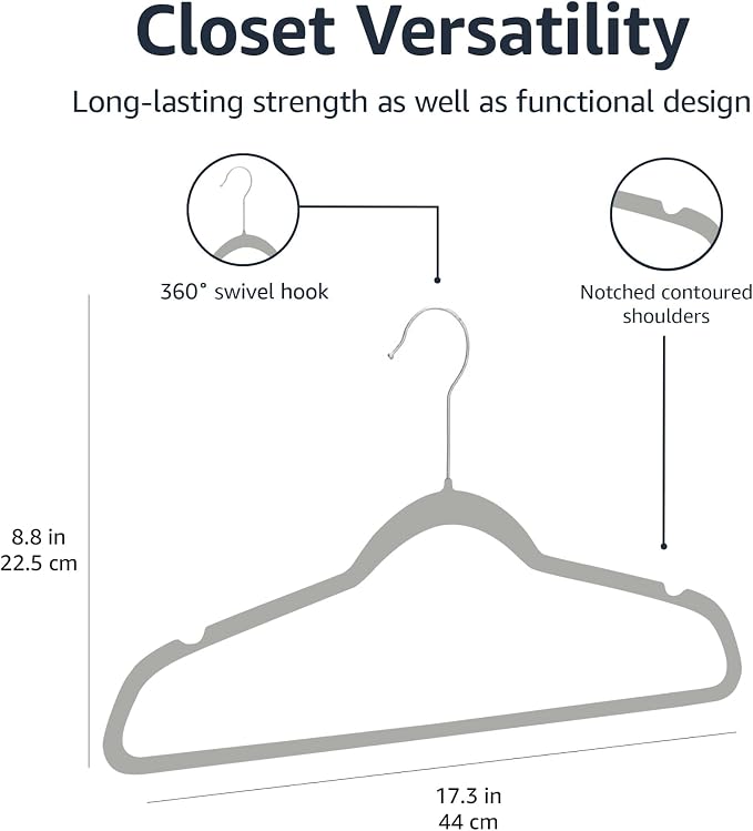 Amazon Basics Slim Velvet Non-Slip Space Saving Suit Clothes Hangers, Closet Organizer, Gray/Silver, 50-Pack