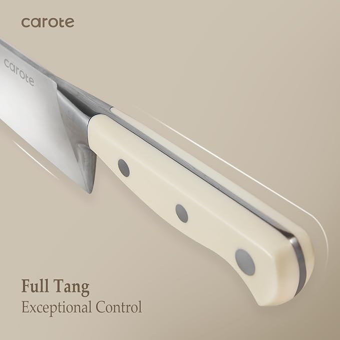 CAROTE 14-Piece Knife Set with Wood Block, Rust-Resistant, Cream | Razor-Sharp High Carbon Stainless Steel Knives, Long-Lasting Sharpness, Forged, Triple-Riveted Ergonomic Non-Slip Handles
