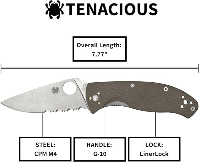 Spyderco Tenacious Folding Pocket Knife, CombinationEdge | 7.77" Overall Length, 3.3" CPM M4 Steel Blade, Brown, G-10 Handle, LinerLock, Full-Flat Grind