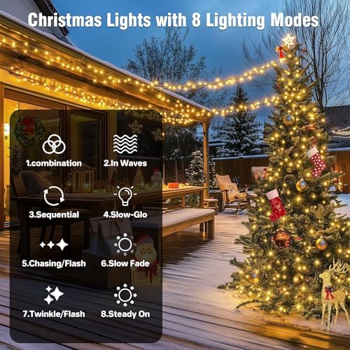 ASENEK Connectable Christmas String Lights 66FT 200 LED 8 Modes with Timer Decorative String Lights for Xmas Tree Patio Party Warm White