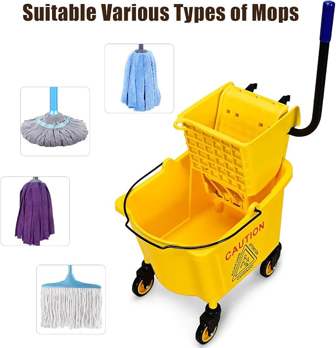 Goplus Commercial Mop Bucket with Wringer, Household Portable Mop Bucket, Ideal for Household and Public Places Floor, 26 Quart Capacity, Yellow (26 Quart)