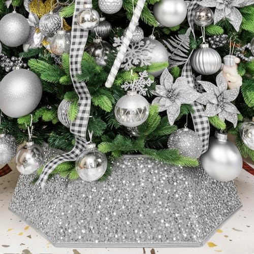 XmasExp Christmas Tree Collar 33.5 inch Sequin Tree Skirt for Christmas Holiday Home Decor Xmas Tree Ring Stand Base Cover Large Size 6 Piece Silvergrey