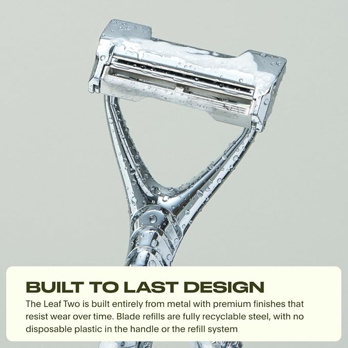 Leaf Shave | Leaf Two Kit, All-Metal, Two-Blade Safety Razor with Pivoting Head, Includes Matching Stand, Black Silicone Handle Grip, 50 Single-Edge Refills & Recycling Bank for Used Blades - Chrome