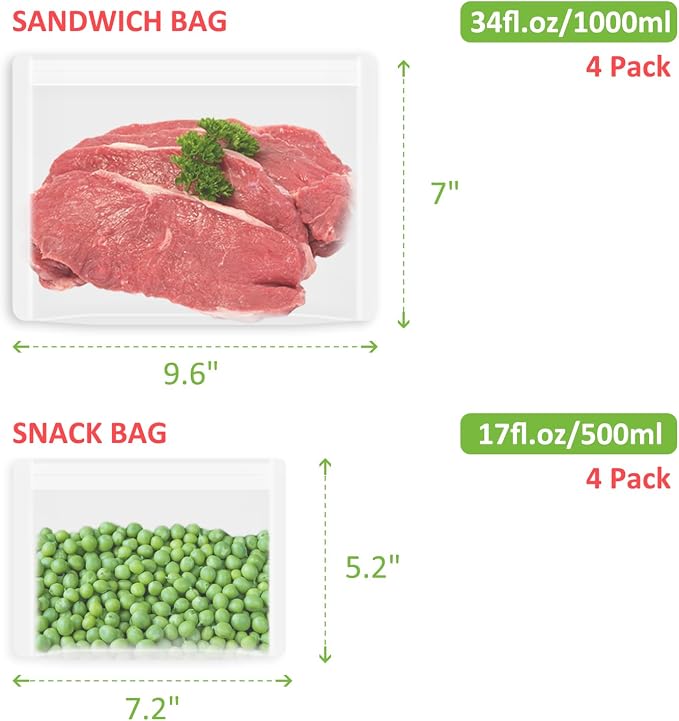 Reusable Sandwich Bags & Snack Bags Set, 8 Pack, 100% Silicone Reusable Storage Bag, Soft Shell Ziplock Silicone Food Storage Containers, Freezer Microwave Oven Dishwasher Safe, Translucent