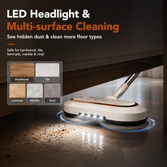 AlfaBot Cordless Electric Mop, Dual Spin Power Floor Cleaner with LED Headlight and Water Spray, 60-Min Runtime Self-Propelled Mop with Adjustable Tube for Hardwood, Tile, Marble and Vinyl Floors