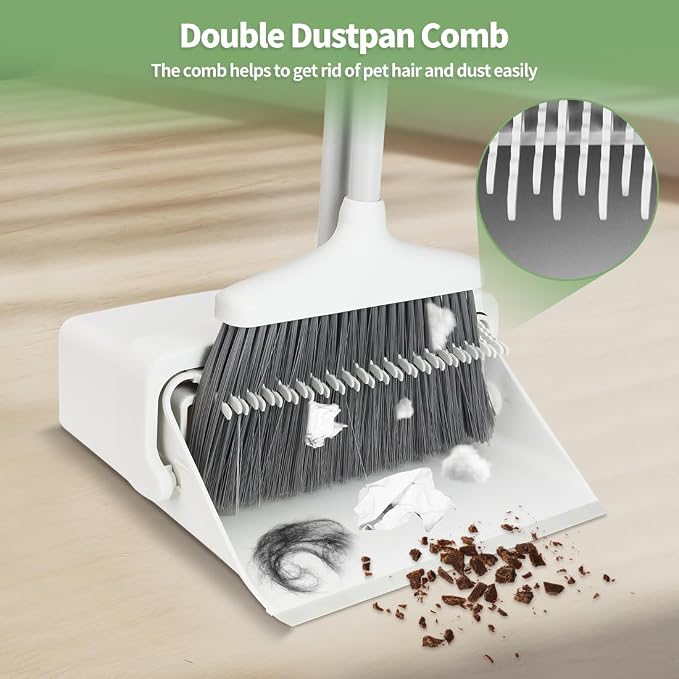 CQT Broom and Dustpan Set with Handle, Brush and Dustpan Set for Home Kitchen Cleaner Floor Sweeping Upright Stand Up Dust pan Cleans Combo (White)
