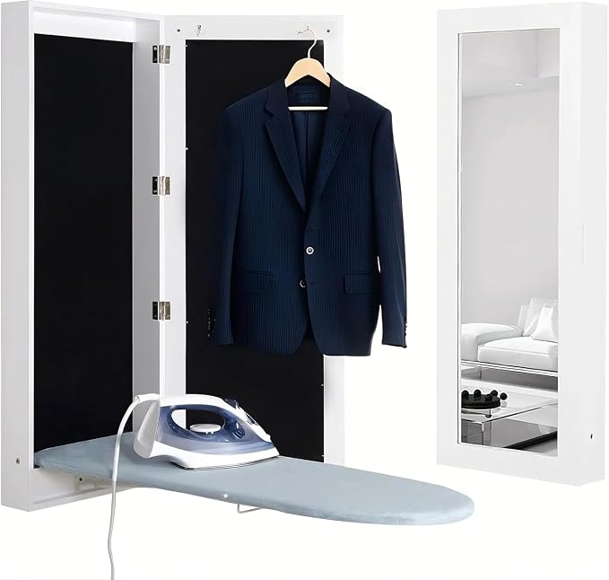 Slim Wall Mounted Ironing Board Cabinet with Mirrored Door, White | 4.3''W|Clothing Hook|Just 15 Minutes to Assemble|Foldable Ironing Board|High-Temperature Resistant Materials