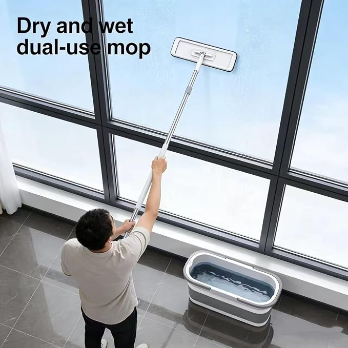 360 Hands-Free Self Wringing Floor Cleaning Mop, Flat Mop, White | Microfiber mop pads, 6 reusable washable pieces, easy hand wash. Ideal for floors & window cleaning