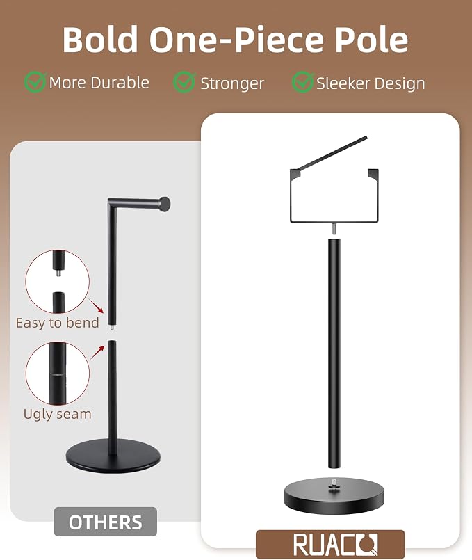 RUACQ Toilet Paper Holder Stand, Magnetic Closure Toilet Paper Stand with Lift-Up Rotating Arm, SUS304 Stainless Steel Bathroom Toilet Paper Holder Free Standing, Weighted Base (Matte Black)