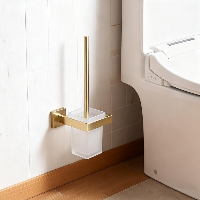 Brushed Gold Toilet Brush and Holder Set, NEWRAIN Wall Mounted Toilet Bowl Brush with Long Handle, Stainless Steel Toilet Brushes for Bathroom-Space Saving