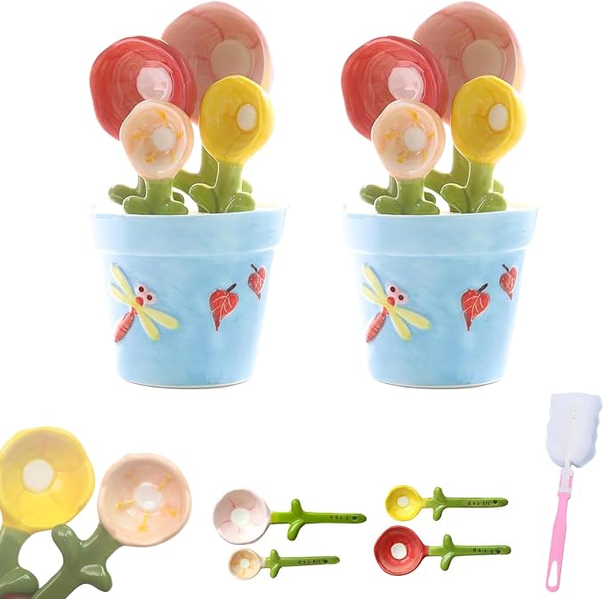 Ceramic Flower Measuring Spoon Set,Decorative FlowerPot Measuring Spoons and Cup Set in Pot, Flower Baking Scale Spoons with Base for Dry and Liquid Ingredient, 1/4 Tsp,1/2 Tsp,1Tsp,1Tbsp (2*Blue)
