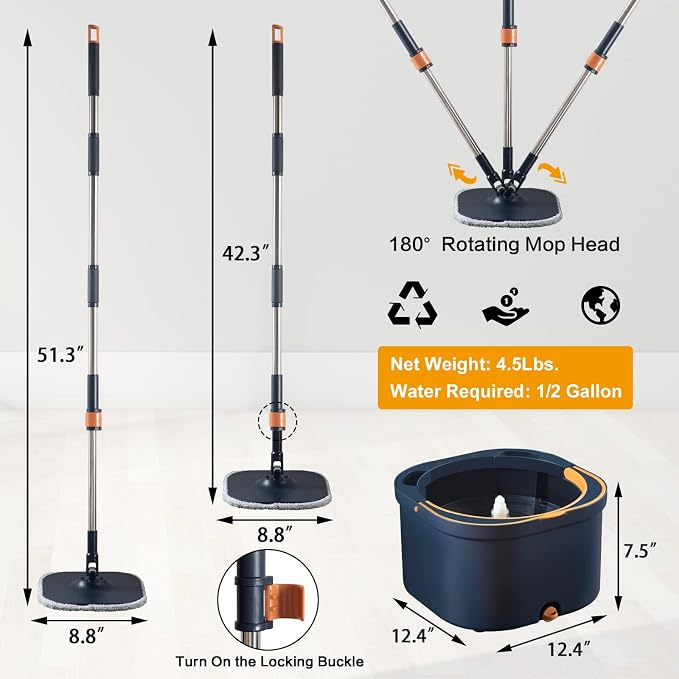 Flat Floor Mop and Bucket System Set with Wringer, Spin Mop and Bucket Separate Clean and Dirty Water with Self Separation for Hardwood, Laminate, Tile, Floor Cleaning, Wet and Dry Use, Navy Blue