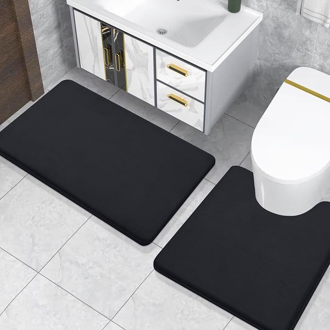 Smiry Memory Foam Toilet Rugs U-Shaped 24x24, Extra Soft Absorbent Non-Slip Contour Bathroom Rugs, Machine Washable Bath Mats for Toilet, Black