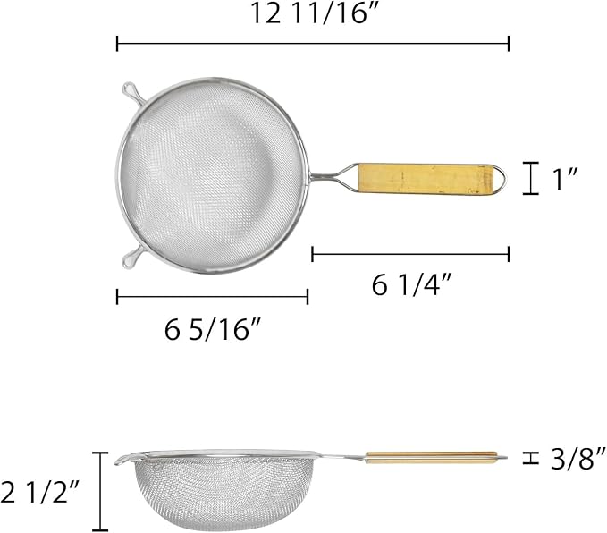 TrueCraftware- 6-Inch Single Medium Mesh Strainer Stainless Steel 6-1/2" Handle Length Wooden Handle- Kitchen Utensil Food Strainer Skimmer Spoon for Cooking Sieve Sifters Pasta Fruits Vegetable