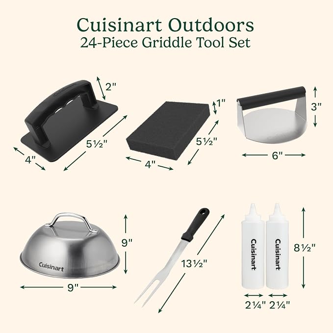 Cuisinart 24-Piece Griddle Tool Set with Storage Tote, Stainless Steel Flat Top Grill Accessories with Spatulas, Melting Dome, Smash Burger Press, Scraper & Tongs, Perfect for BBQ, Tailgates, Camping