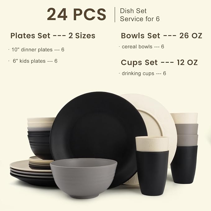 Homienly Wheat Straw Plates and Bowls Set, Lightweight & Unbreakable Dinnerware Set for Kitchen, Parties, Holidays, Microwave and Dishwasher Safe Dish Set - Plate Sets, Bowls, Cups, 24pcs (Grey Stone)