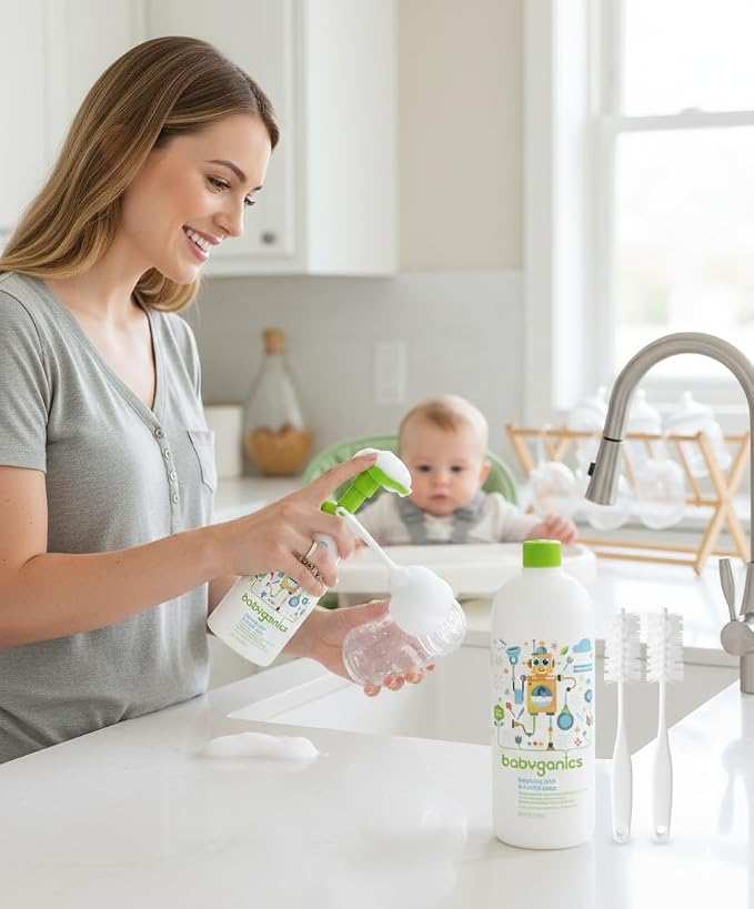 Baby ganics 16 Ounce Dish Dazzler Foaming Dish and Bottle Soap with Refill Kit BUNDLED with Two (2) Bottle Brushes BONUS
