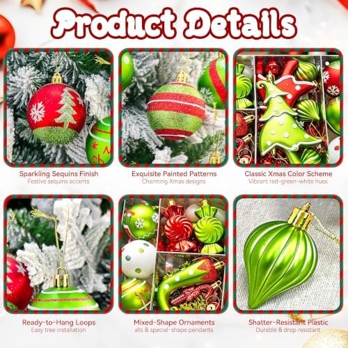 82PCS Christmas Ornaments Set Red and Green Christmas Tree Decorations PVC Holiday Ornaments for Xmas Tree Festive Party Decor Supplies
