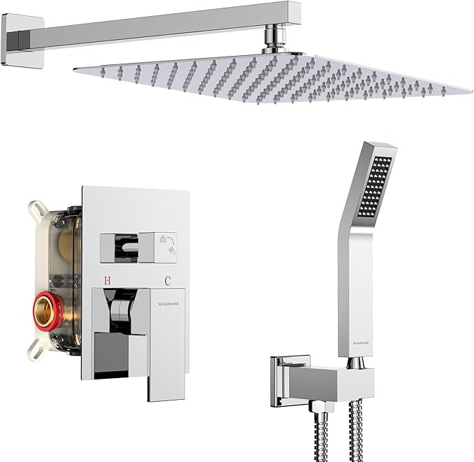 SR SUN RISE SRSH-D1203 12 Inches Bathroom Luxury Rain Mixer Shower Combo Set Wall Mounted Rainfall Shower Head System Polished Chrome Shower Faucet Rough-in Valve Body and Trim Included