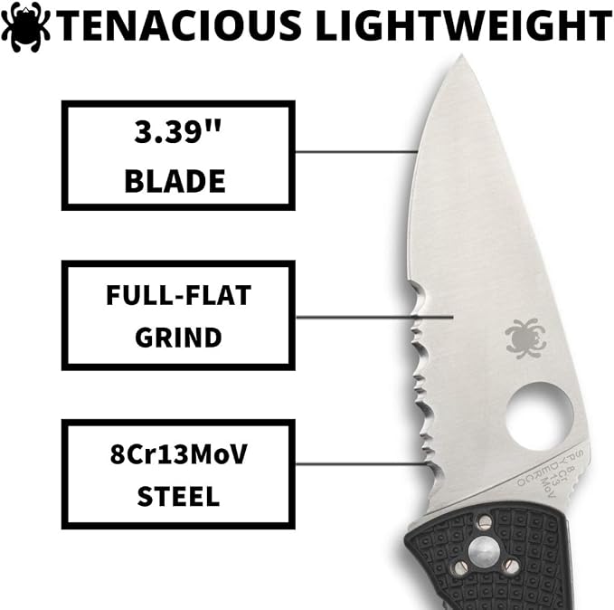 Spyderco Tenacious Lightweight Folding Pocket Knife, CombinationEdge | 7.77" Overall Length, 3.3" 8Cr13MoV Steel Blade, FRN Handle, LinerLock, Full-Flat Grind