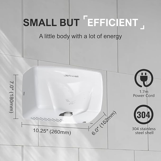 JETWELL High Speed Commercial Automatic Hand Dryer - Heavy Duty Stainless Steel Hand Dryer - Warm Wind Hand Blower