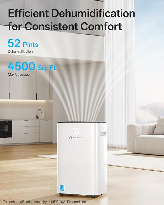 52 Pints Dehumidifier for Basement Bedroom Bathroom Large Room Home, 4500 Sq.Ft Dehumidifiers with Drain Hose, 2025 Energy Star Certificate, Humidity Control, 24H-Timer, Auto Defrost (52, Pints)