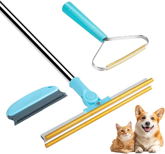 3 in 1 Carpet Rake for Pet Hair Removal, Tool Set of 3, Blue | 55" Long Handle, Carpet Scraper, Dog Cat Hair Remover, For Sofa, Couch, Car, Rug