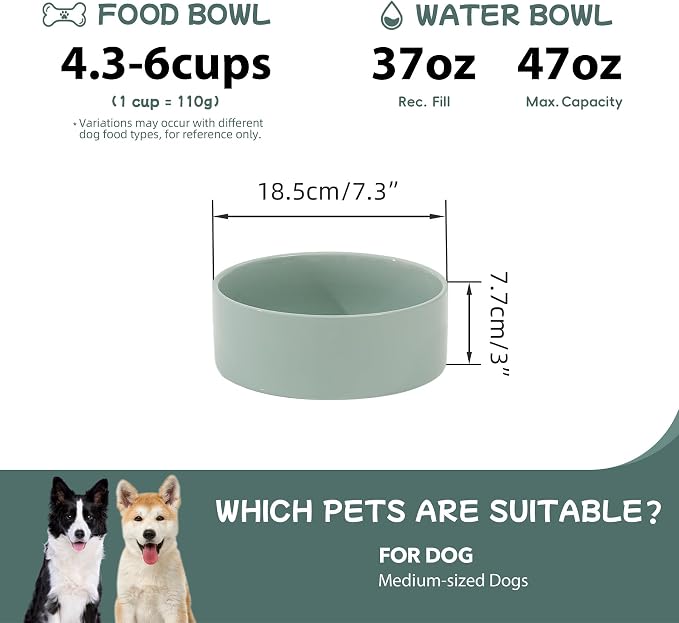 Havniva Ceramic Dog Bowls, Dog Food and Water Bowl Set, Dog Water Bowl | 7.3” Ceramic Dog Food Bowls with Non-Slip Rubber Base, Large Capacity, Dog Feeding Bowls for Medium Dogs