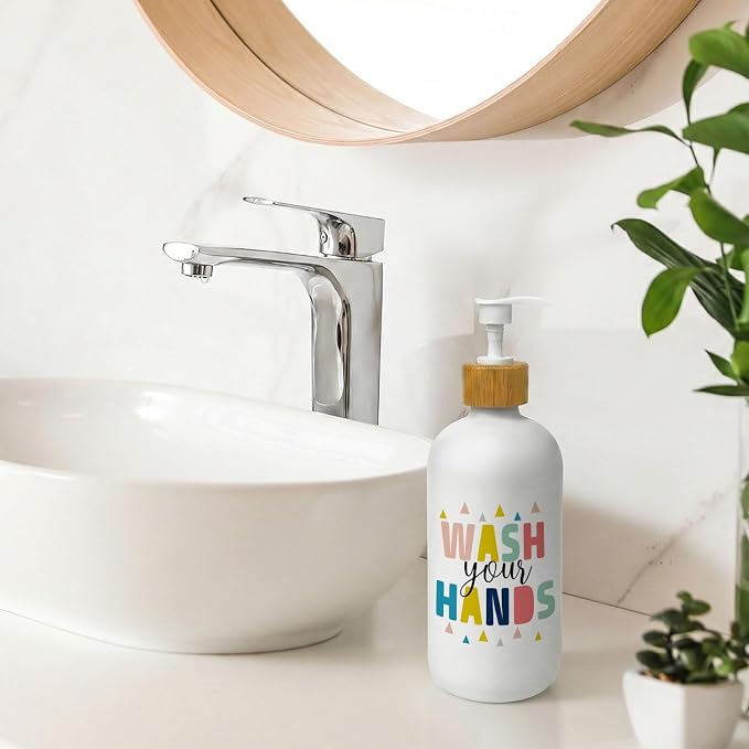 Kids Bathroom Decor Soap Dispenser, Wash Your Hands Glass Soap Dispenser, Colorful Boho Refillable Handsoap Pump Bottle for Bathroom Washroom Countertop