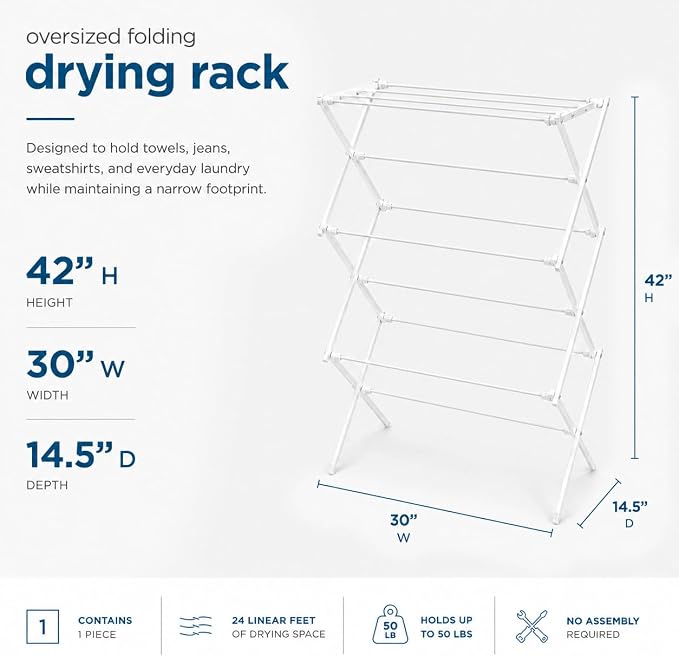 Honey-Can-Do 6-Tier Collapsible Clothes Drying Rack, 30", No Assembly, Grey | Accordion frame opens to 6 tiers with 24 ft of drying space, then folds flat to 3 in. Rust-resistant coated steel.