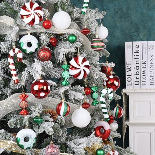 105Ct Red Green and White Christmas Ornaments Set Shatterproof Candy Cane Theme Decorations for Xmas Tree, Donut Polka Dot Assorted Ornaments for Holiday Family Decor (Red Green White)