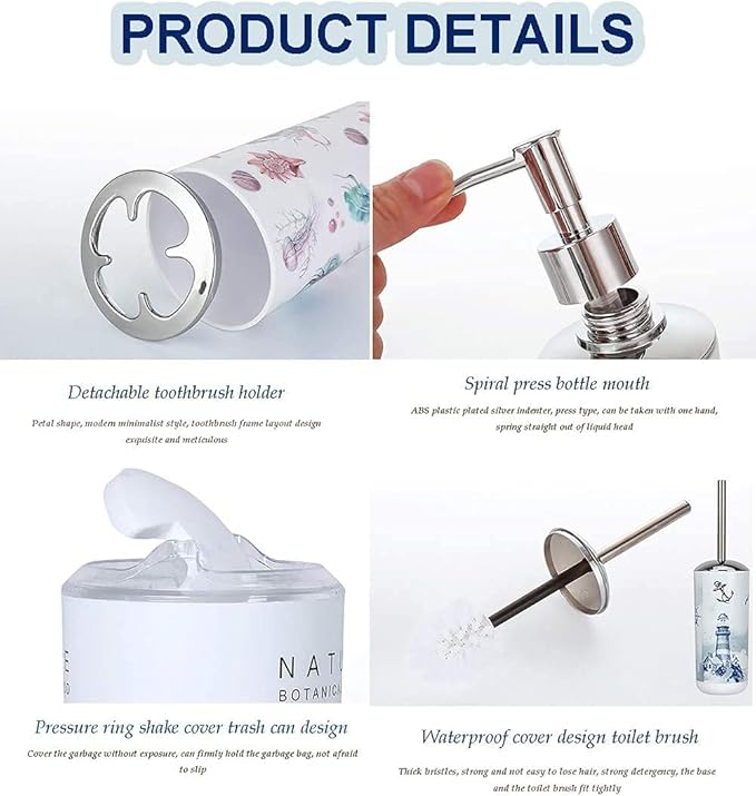 6 Piece Plastic Bathroom Accessory Set Luxury Lighthouse Bath Accessories Bath Set Lotion Bottles,Toothbrush Holder,Tooth Mug,Soap Dish,Toilet Brush,Rubbish for Modern Design