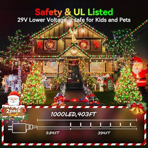 Hezbjiti 2Pack 1000 LED 403FT Christmas Lights Outdoor String Lights 8 Modes with Timer Memory Waterproof Fairy Lights Plug in for Classroom Bedroom Wedding Party Holiday Xmas Decorations(Red+Green)