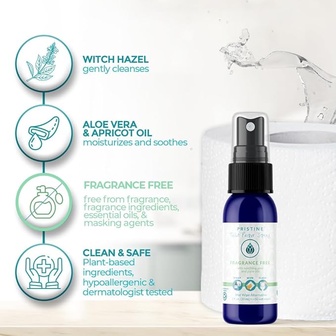PRISTINE Toilet Paper Spray, As Seen on Shark Tank, Flushable Wipe Alternative, Personal Cleansing Bathroom Spray for Regular Toilet Tissue, Bidet Alternative, Made in USA, Fragrance Free, 1oz Travel