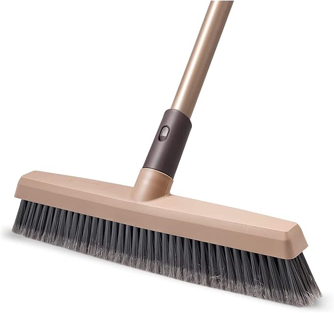 Broom and Dustpan Set 12.6”Push Broom Stiff Floor Scrub Brush Heavy-Duty Brooms with Adjustable Handle for Home Broom/Broom and Dustpan (Color : Black) (Brown)