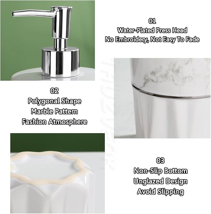 Soap Dispenser Set White, Set of 5 Bathroom Accessories, with 2 Toothbrush Cups, Soap Dish, Toothbrush Cup, Ceramic Soap Dispenser, for Bathrooms, Apartments, Dormitories,Marble White