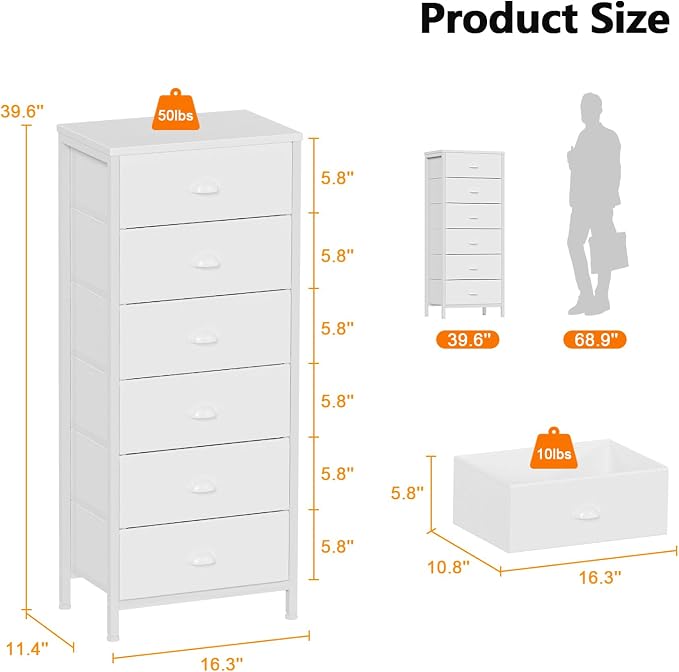 Furnulem White Tall Dresser for Bedroom,Vertical Storage Tower Unit and End Table with 6 Fabric Drawers, Nightstand Furniture with Drawer Organizer in Living Room,Closet,Entryway,Hallyway