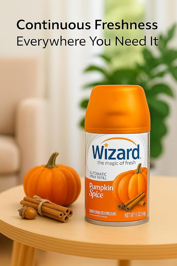 Wizard Automatic Spray Refill – Pumpkin Spice, 5 oz (12 Pack) | Compatible with Air Wick Freshmatic & Glade Dispensers | Long Lasting Odor Neutralizer for Home & Office