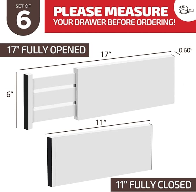 6-Pack Drawer Dividers - 6 Inches High, Adjustable 11 to 17 Inches Bamboo Drawer Organizer, Large Expandable Separator for Clothes, Dresser, Bedroom, Bathroom, Baby, Office, Kitchen Utensil, White