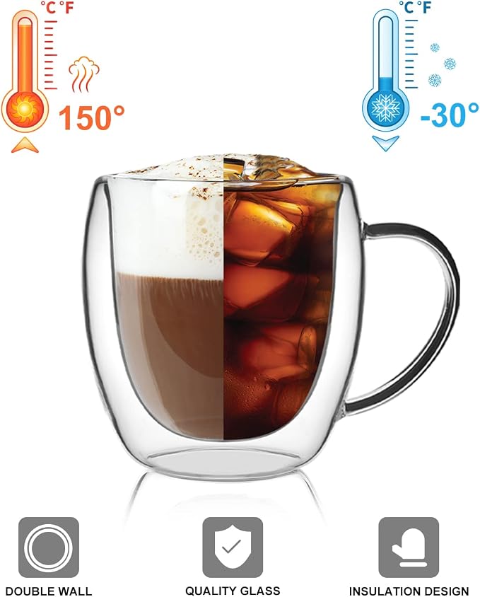 LIBWYS 2 Pack 250ml Double Walled Glass Coffee Mugs with 2 Spoons, Cappuccino Latte Tea Cups with Handle, Heat Resistant Drinking Glasses (2x250ml)