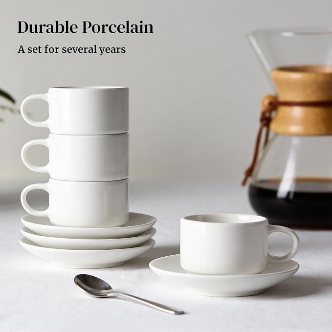 DOWAN 2.5 OZ Stackable Espresso Cups, Porcelain Coffee Cups with Saucers Set of 4, White Espresso Shot Cup, Tea Cups for Home, Office and Cafe Use