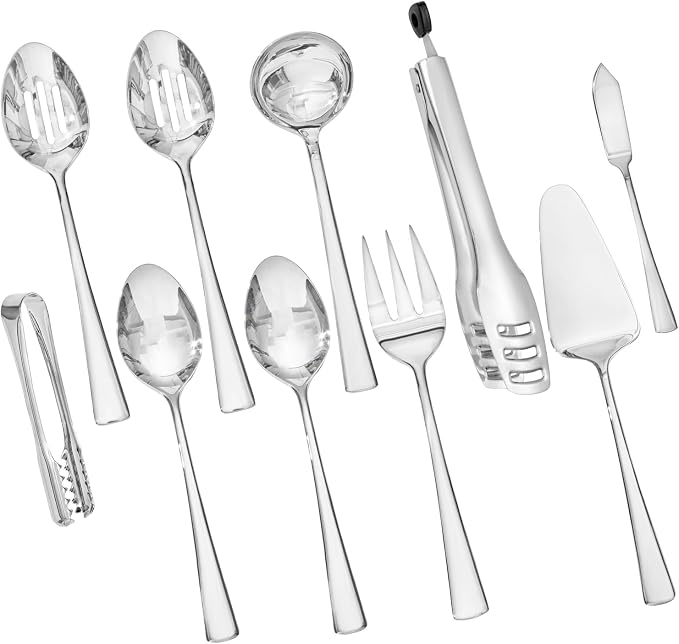 10 Piece 18/10 Serving Utensils Set, Stainless Steel Serving Set | Slotted Spoon, Fork, Tong, Soup Ladle, Cake Server, Butter Knife and Ice Tong for Buffet, Parties, Kitchen,Entertaining
