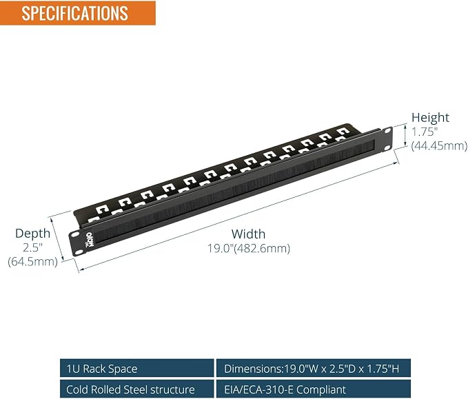 1U 2 Pack Brush Panel, Brush Strip Plate for Cable Entry&Management, Server Rack Cable Organizer with Tidy Brush for 19in Network Rack/Server Rack/Cabinet Enclosure, Black
