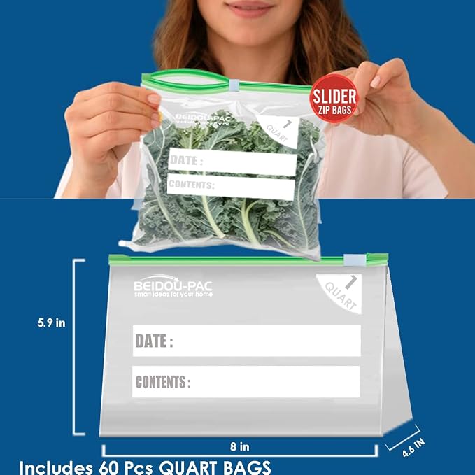 BEIDOU-PAC Slider Quart Food Storage Freezer Bags with Stand-Up Bottom, 600 Count | 2 Mil | 8 IN x 5.9 IN x 2.3 IN, Freshness Easy Open Reclosable Clear Plastic Bags (Slider-quart-600count)