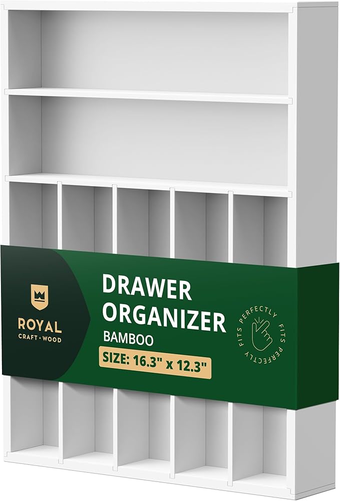 Luxury Bamboo Kitchen Drawer Organizer - Silverware Organizer - Utensil Holder and Cutlery Tray with Grooved Drawer Dividers for Flatware and Kitchen Utensils (7 Slot, White)