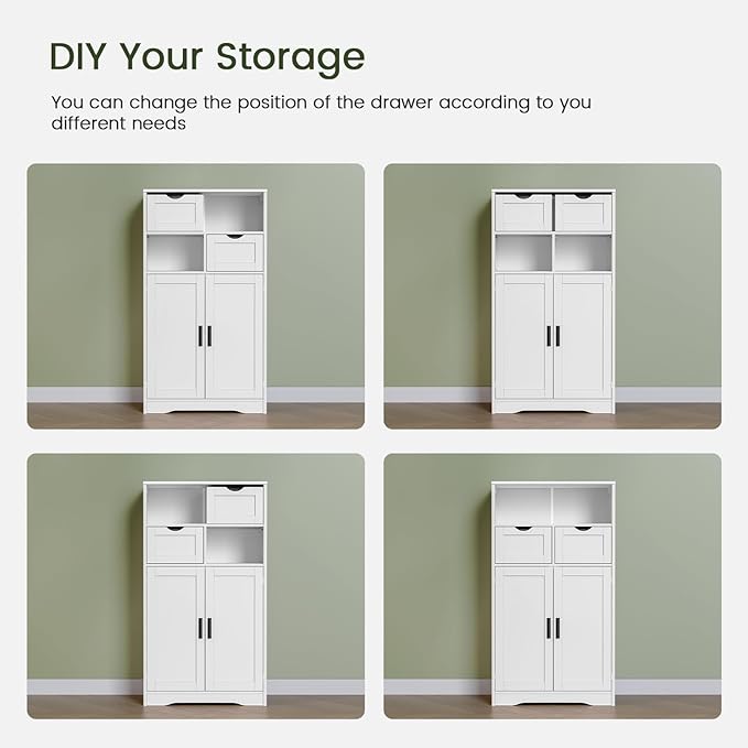 Iwell Bathroom Cabinet with Doors and Drawers, Freestanding Bathroom Storage Cabinet, Adjustable Shelves, for Living Room, Kitchen, Home Office, White