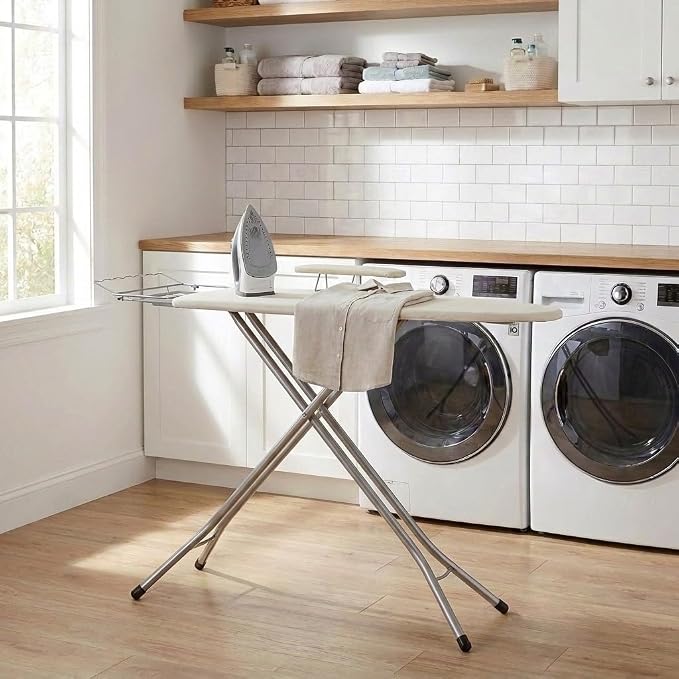 Household Essentials Wide Mega Ironing Board 4-Leg, Steel Top Pressing Station, Heat-Resistant Fiber Pad and Cotton Cover, Includes Sleeve Board and Iron Rest with Hanger Bar, Silver Frame