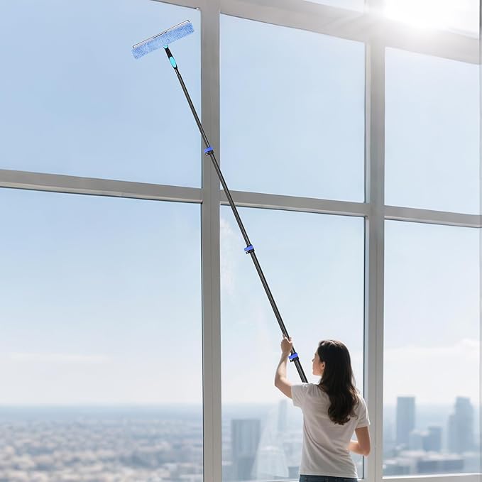 DOBEN 12-Foot Carbon Fiber Window Cleaner Tool with Telescopic Extension Pole, Rotating Scrubber & Squeegee - Sturdy Lightweight Design for Indoor/Outdoor Glass Cleaning